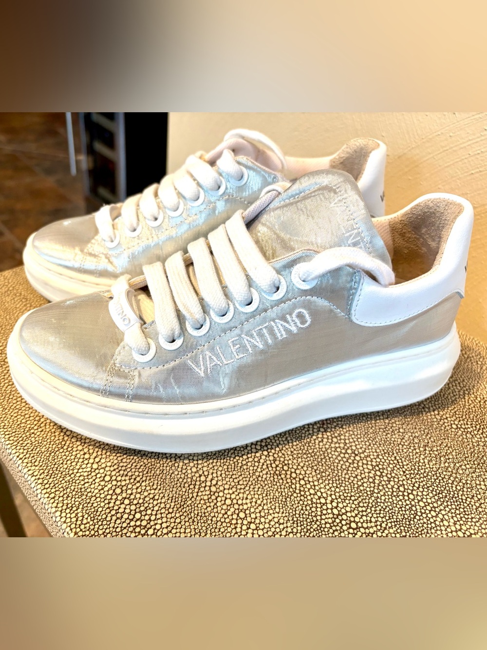Valentino by Mario Valentino Fresia Silver Leather Platform Sneakers